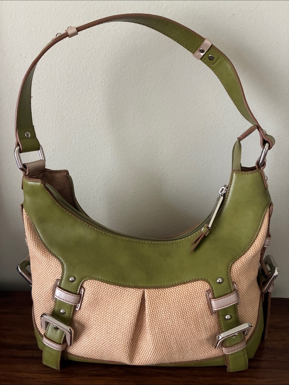 Etienne Aigner Green Manmade Leather and Beige Textile Woven Shoulder Bag -EUC - Picture 2 of 13